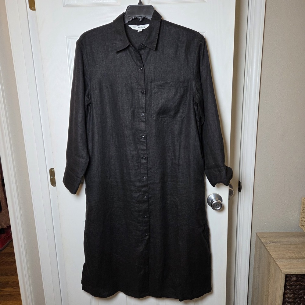 The Drop M Blk Fiona 100% Linen Button Front Long Slv Relaxed Midi Shirt Dress